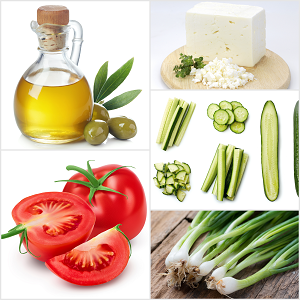 Olivenöl, Tomaten, Salatgurken, Fetakäse und Frühlingszwiebeln als appetitliche Collage